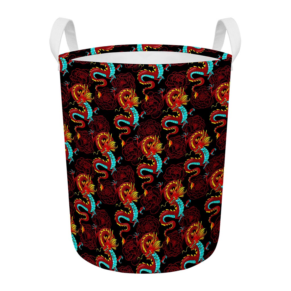 Red Dragon Lotus Pattern Print Round Laundry Basket