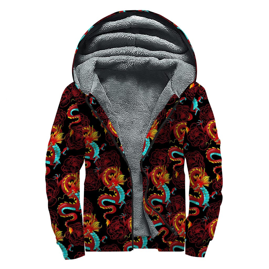 Red Dragon Lotus Pattern Print Sherpa Lined Zip Up Hoodie