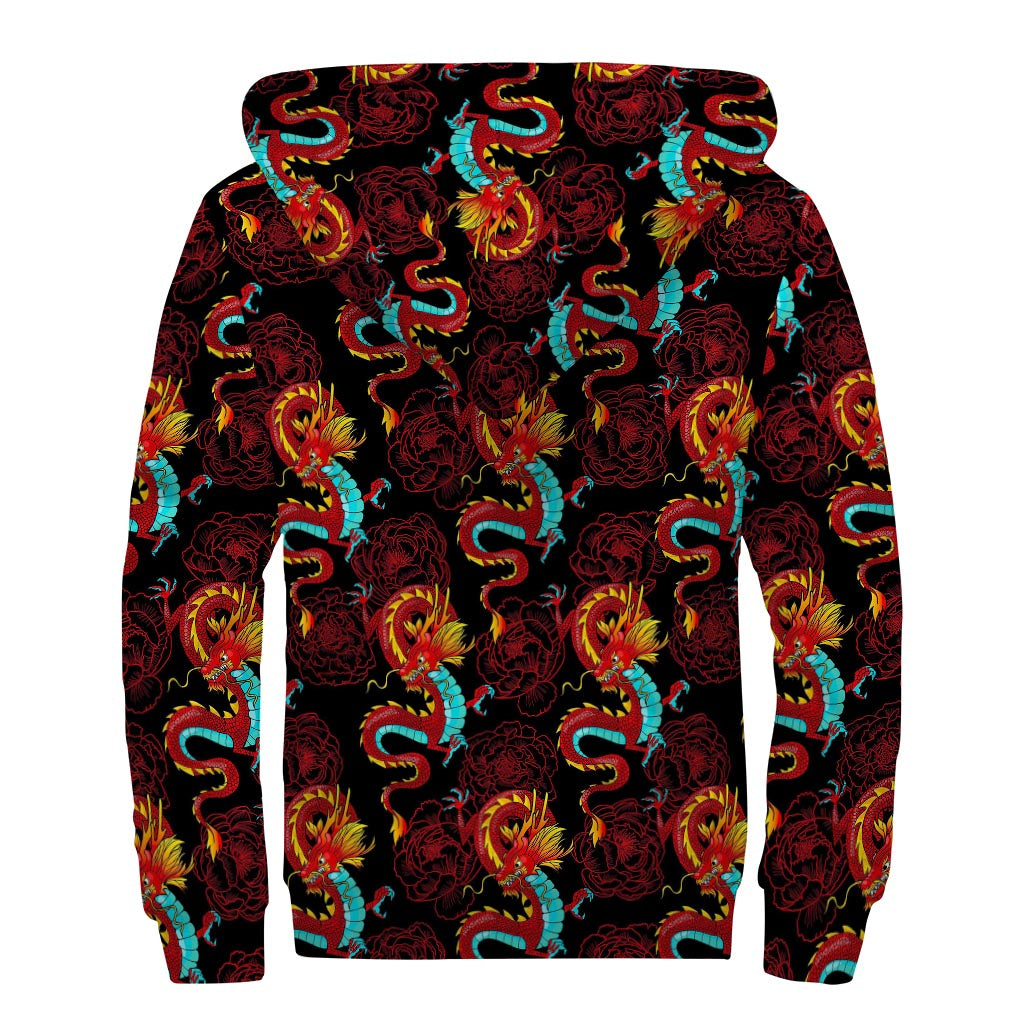 Red Dragon Lotus Pattern Print Sherpa Lined Zip Up Hoodie