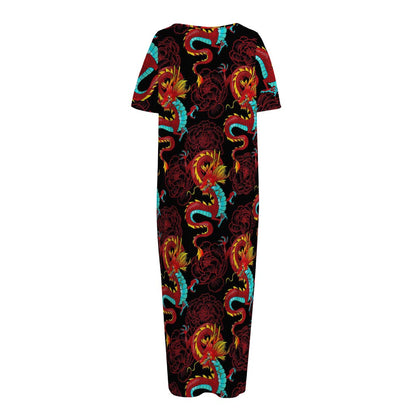 Red Dragon Lotus Pattern Print Short Sleeve Long Nightdress