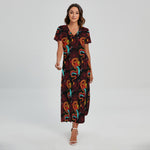 Red Dragon Lotus Pattern Print Short Sleeve Maxi Dress