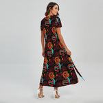 Red Dragon Lotus Pattern Print Short Sleeve Maxi Dress