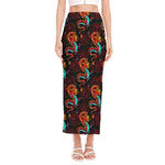 Red Dragon Lotus Pattern Print Side Slit Maxi Skirt