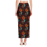 Red Dragon Lotus Pattern Print Side Slit Maxi Skirt