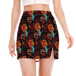 Red Dragon Lotus Pattern Print Side Slit Mini Skirt