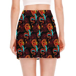 Red Dragon Lotus Pattern Print Side Slit Mini Skirt