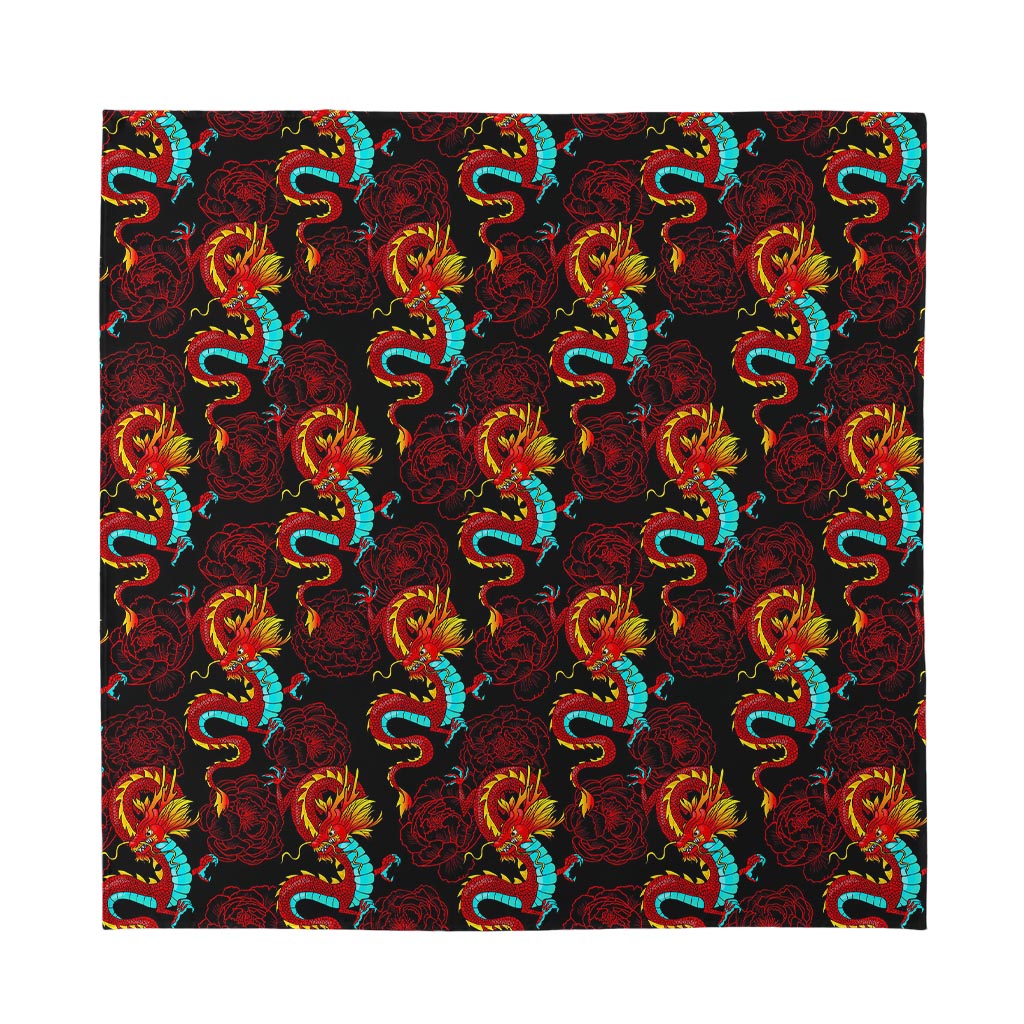 Red Dragon Lotus Pattern Print Silk Bandana