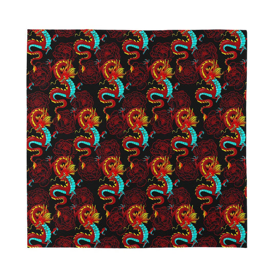 Red Dragon Lotus Pattern Print Silk Bandana