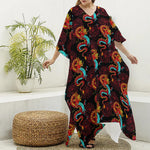 Red Dragon Lotus Pattern Print Silk V-Neck Kaftan Dress