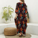 Red Dragon Lotus Pattern Print Silk V-Neck Kaftan Dress