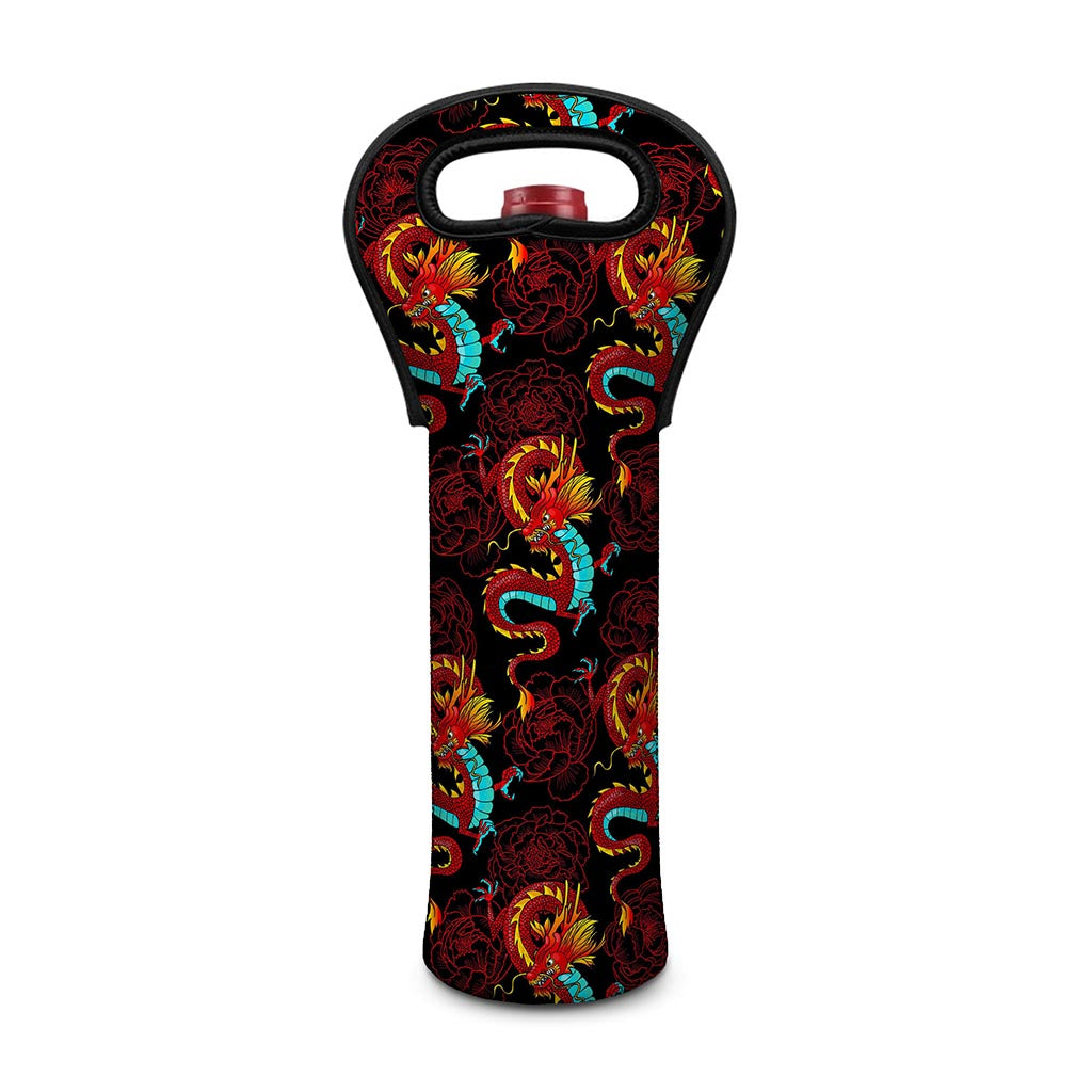 Red Dragon Lotus Pattern Print Single Neoprene Wine Tote