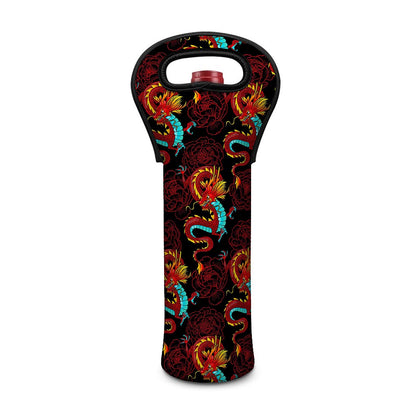 Red Dragon Lotus Pattern Print Single Neoprene Wine Tote