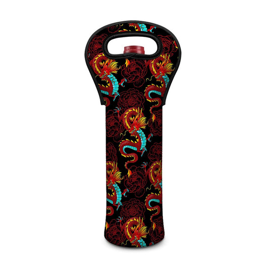 Red Dragon Lotus Pattern Print Single Neoprene Wine Tote