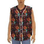 Red Dragon Lotus Pattern Print Sleeveless Baseball Jersey