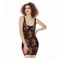 Red Dragon Lotus Pattern Print Sleeveless Bodycon Dress