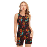 Red Dragon Lotus Pattern Print Sleeveless One Piece Swimsuit