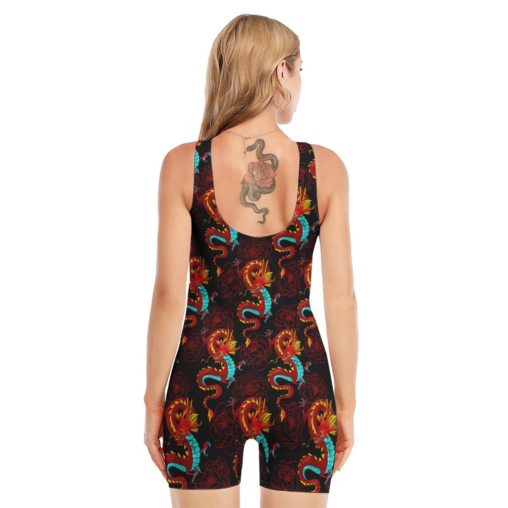 Red Dragon Lotus Pattern Print Sleeveless One Piece Swimsuit