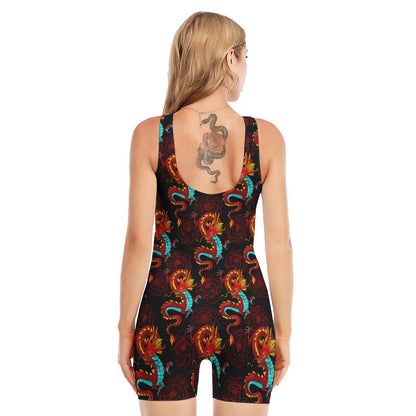 Red Dragon Lotus Pattern Print Sleeveless One Piece Swimsuit
