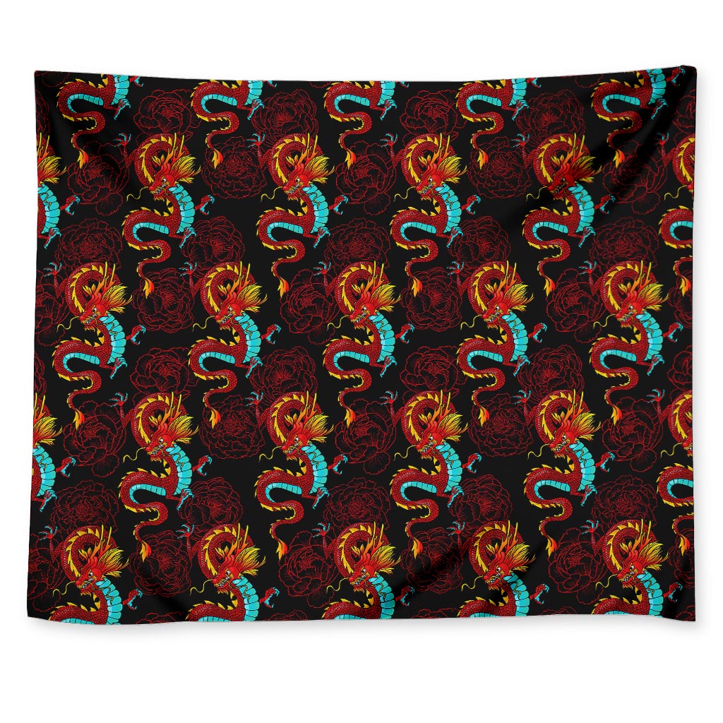 Red Dragon Lotus Pattern Print Tapestry