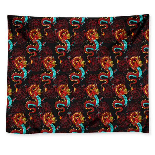 Red Dragon Lotus Pattern Print Tapestry