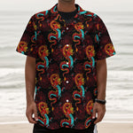 Red Dragon Lotus Pattern Print Textured Short Sleeve Shirt