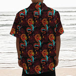 Red Dragon Lotus Pattern Print Textured Short Sleeve Shirt