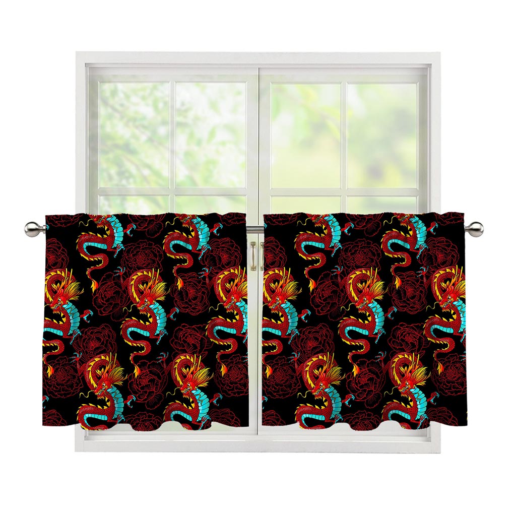 Red Dragon Lotus Pattern Print Tier Curtains