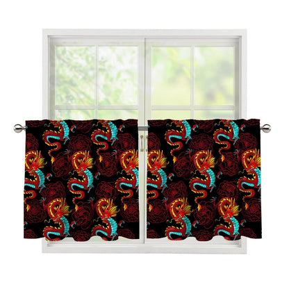 Red Dragon Lotus Pattern Print Tier Curtains