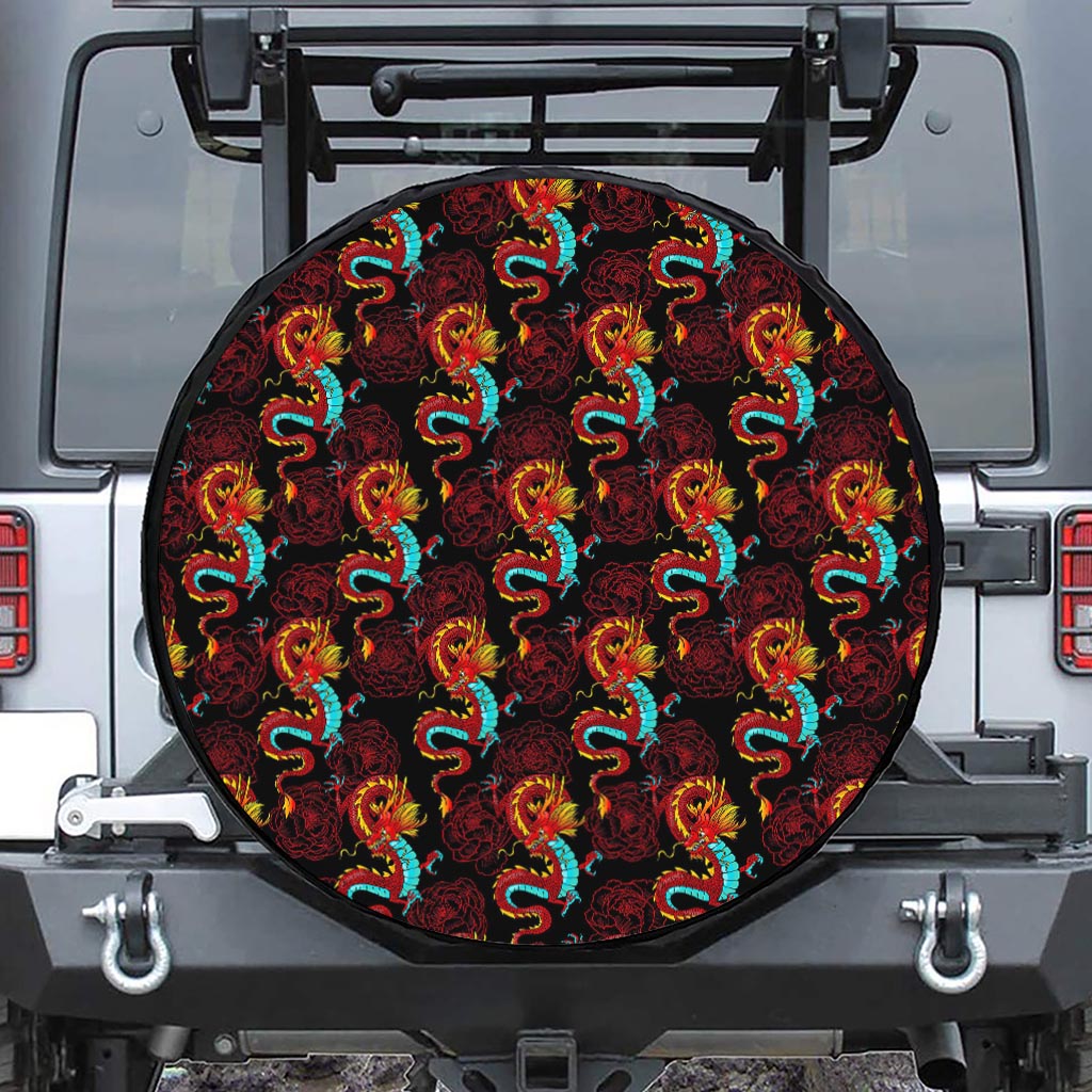 Red Dragon Lotus Pattern Print Tire Cover