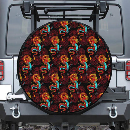 Red Dragon Lotus Pattern Print Tire Cover