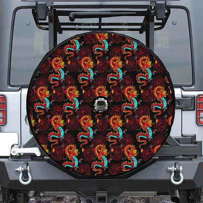 Red Dragon Lotus Pattern Print Tire Cover With Camera Hole