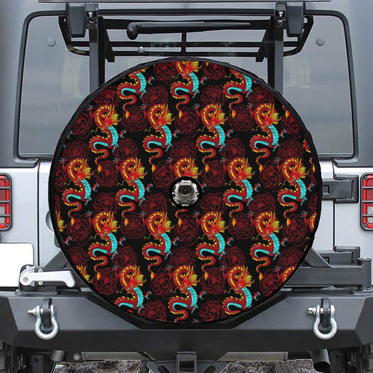 Red Dragon Lotus Pattern Print Tire Cover With Camera Hole