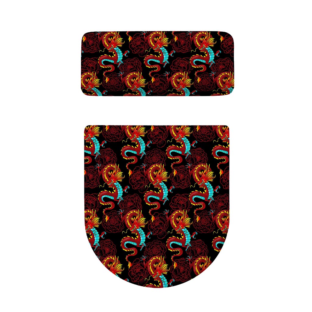 Red Dragon Lotus Pattern Print Toilet Lid And Tank Cover Set