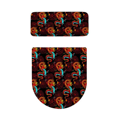 Red Dragon Lotus Pattern Print Toilet Lid And Tank Cover Set