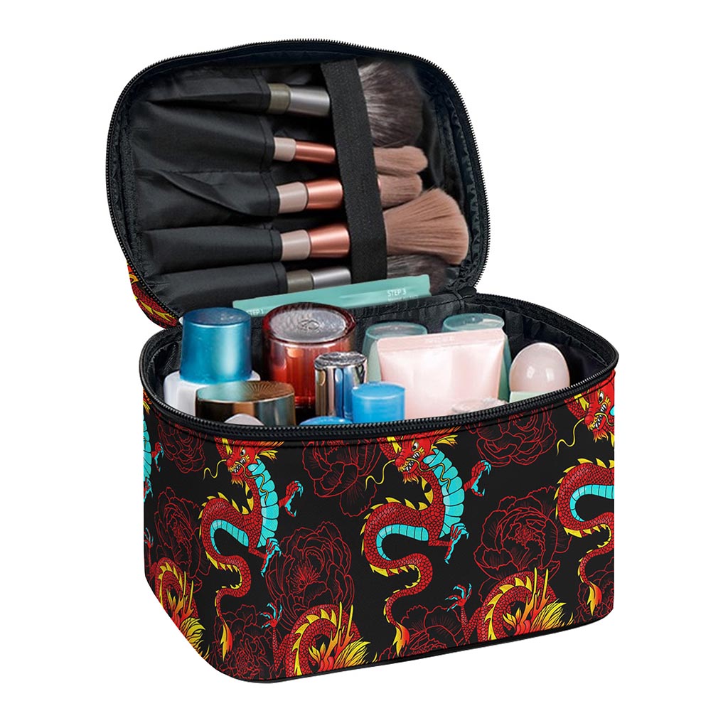 Red Dragon Lotus Pattern Print Travel Makeup Bag