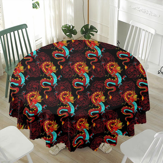 Red Dragon Lotus Pattern Print Waterproof Round Tablecloth