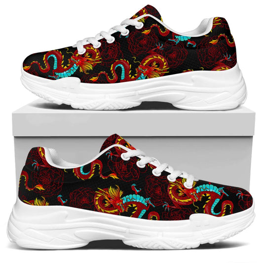 Red Dragon Lotus Pattern Print White Chunky Shoes