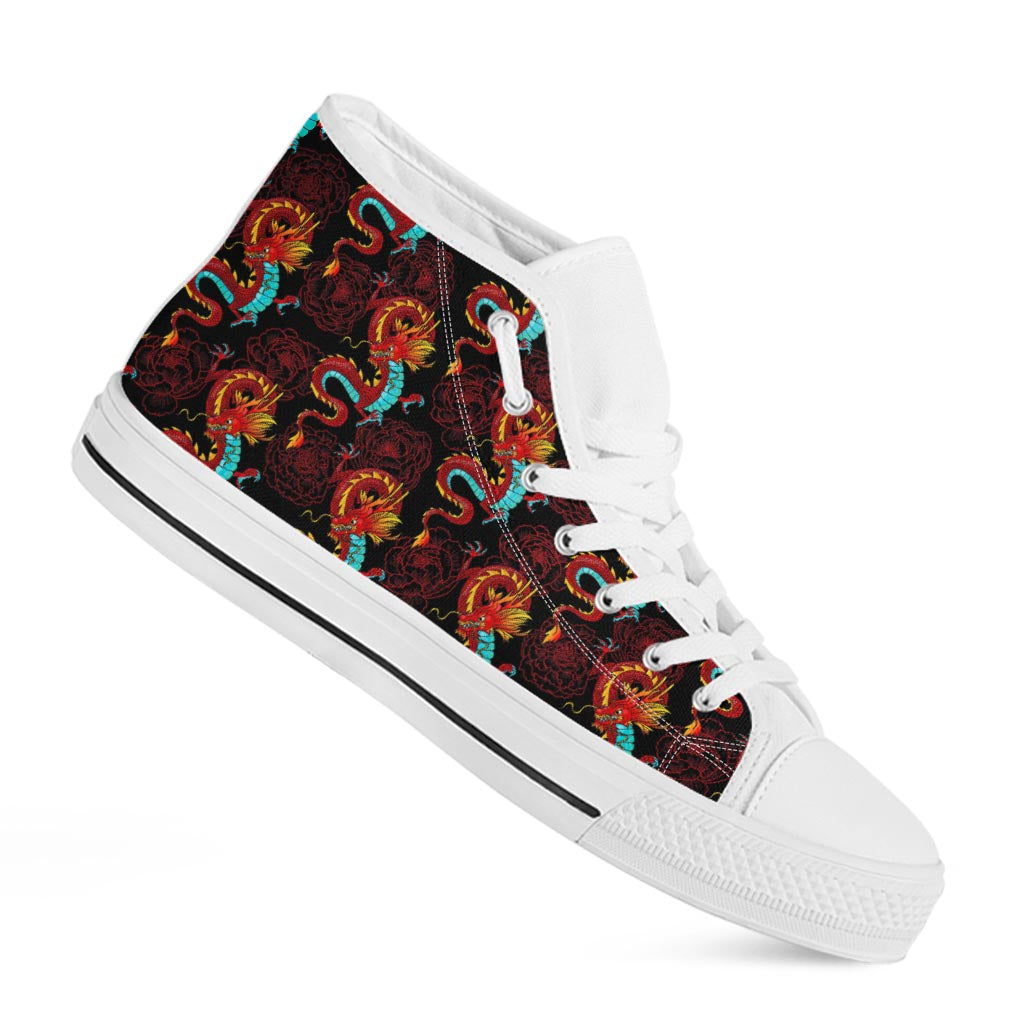 Red Dragon Lotus Pattern Print White High Top Sneakers