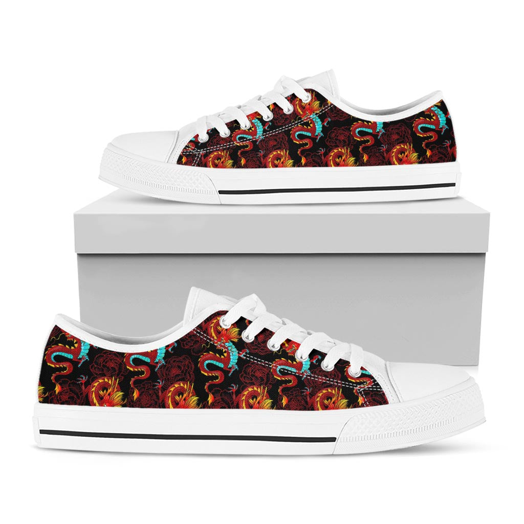 Red Dragon Lotus Pattern Print White Low Top Sneakers