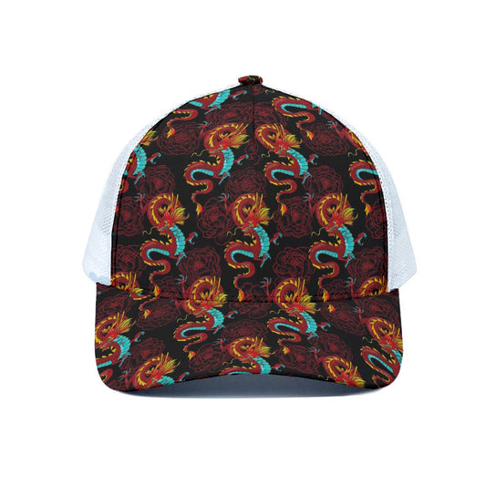 Red Dragon Lotus Pattern Print White Mesh Trucker Cap