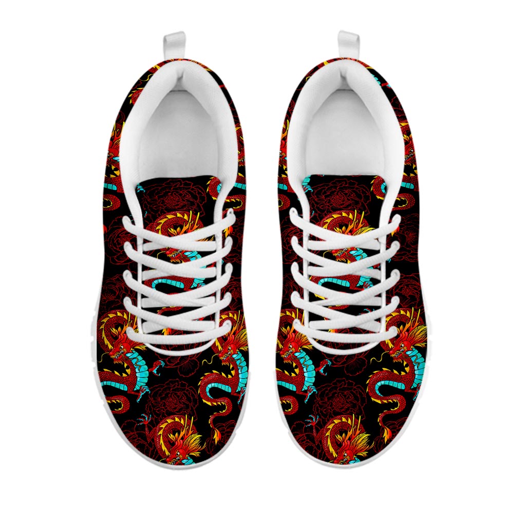 Red Dragon Lotus Pattern Print White Running Shoes