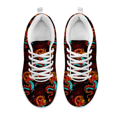 Red Dragon Lotus Pattern Print White Running Shoes