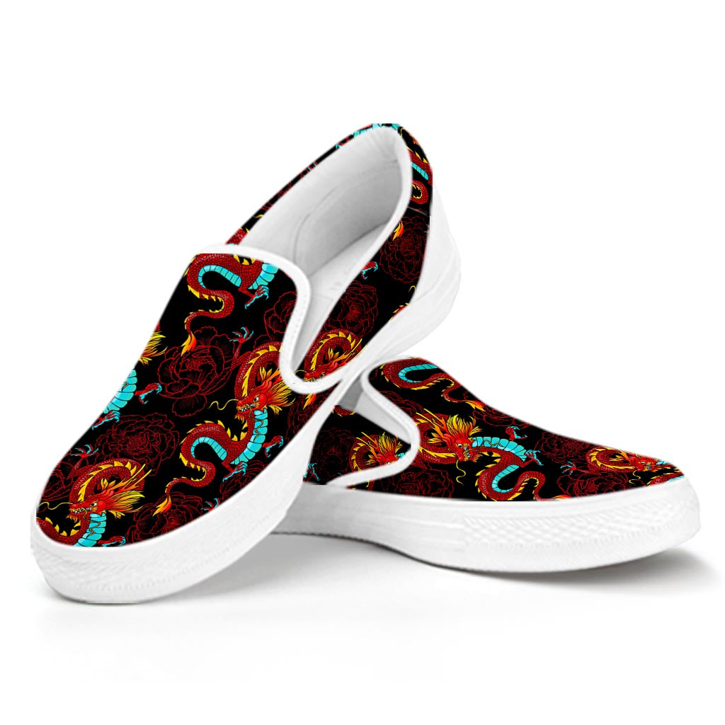 Red Dragon Lotus Pattern Print White Slip On Sneakers