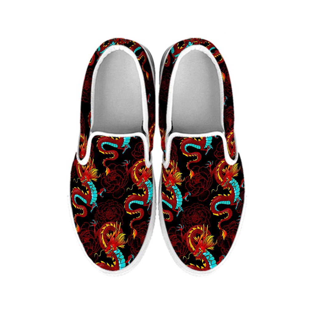 Red Dragon Lotus Pattern Print White Slip On Sneakers