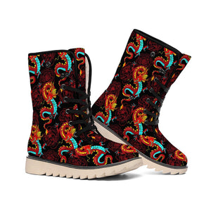 Red Dragon Lotus Pattern Print Winter Boots