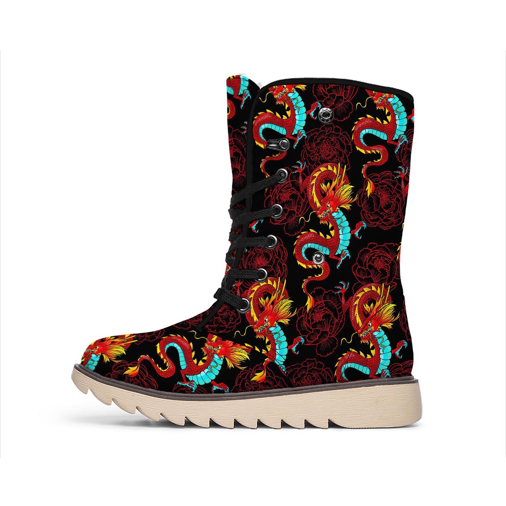 Red Dragon Lotus Pattern Print Winter Boots