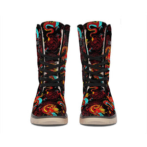 Red Dragon Lotus Pattern Print Winter Boots