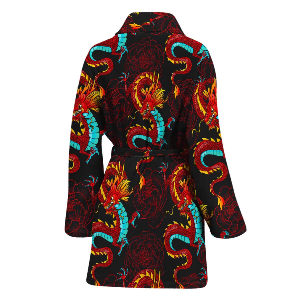 Red Dragon Lotus Pattern Print Women's Bathrobe