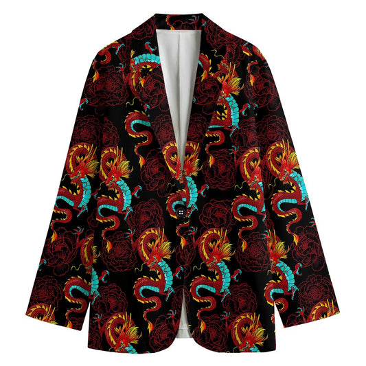 Red Dragon Lotus Pattern Print Women's Blazer