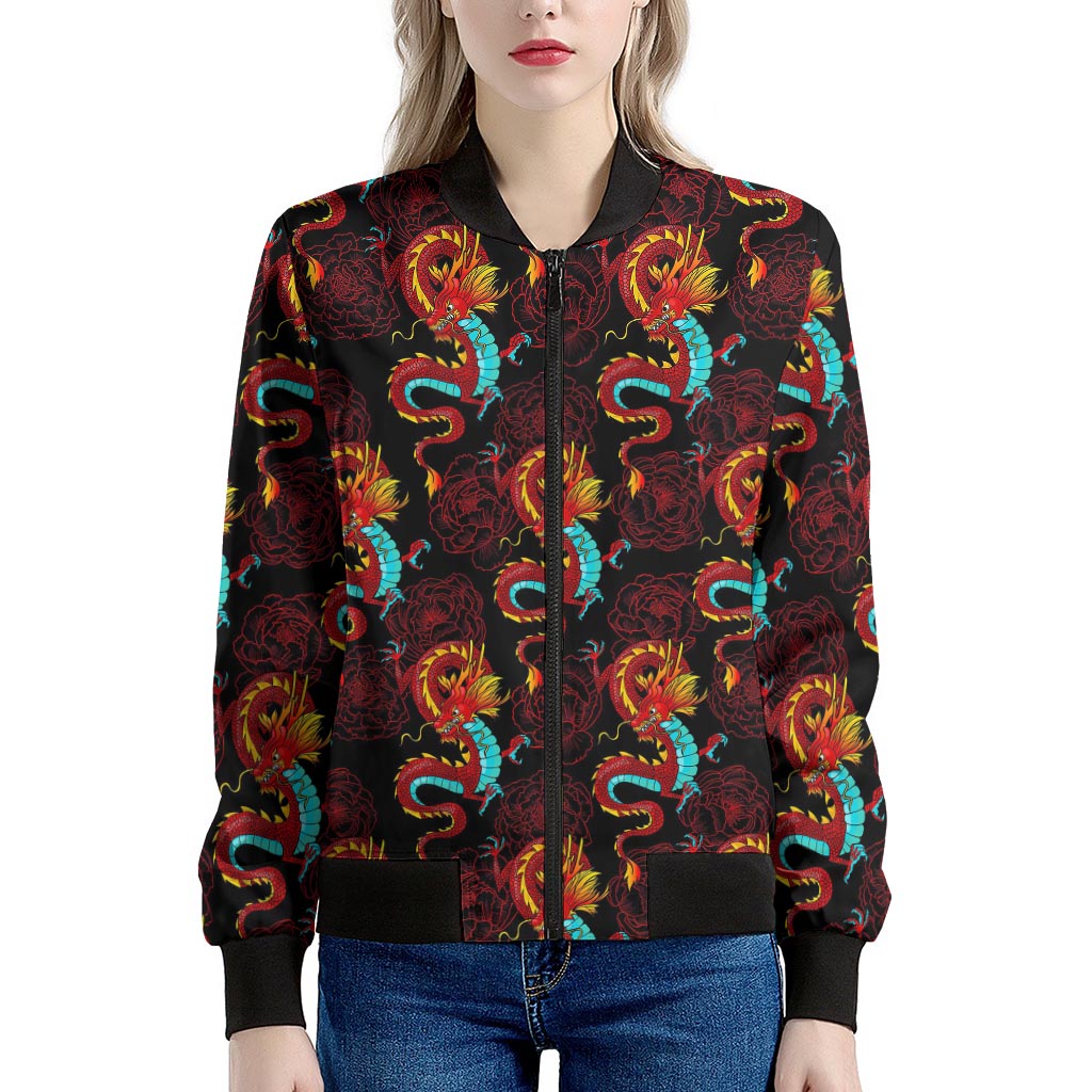 Red Dragon Lotus Pattern Print Women's Bomber Jacket